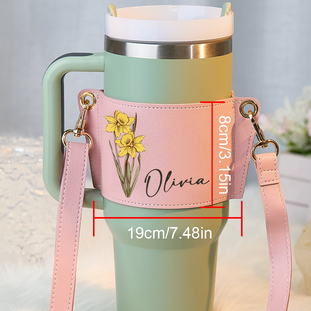 Personalized Birth Flower Water Bottle Carrier Bag for 40oz Stanley Tumbler with Adjustable Strap Gift