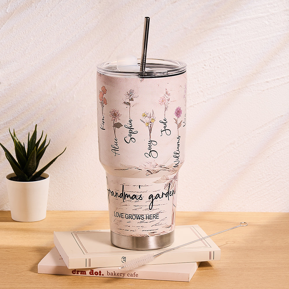 Custom 30oz Insulated Tumbler with Watercolor Birth Flower Name Text – Perfect Birthday Gift for Mom
