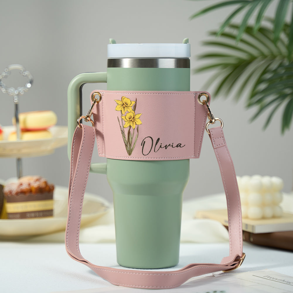 Personalized Birth Flower Water Bottle Carrier Bag for 40oz Stanley Tumbler with Adjustable Strap Gift