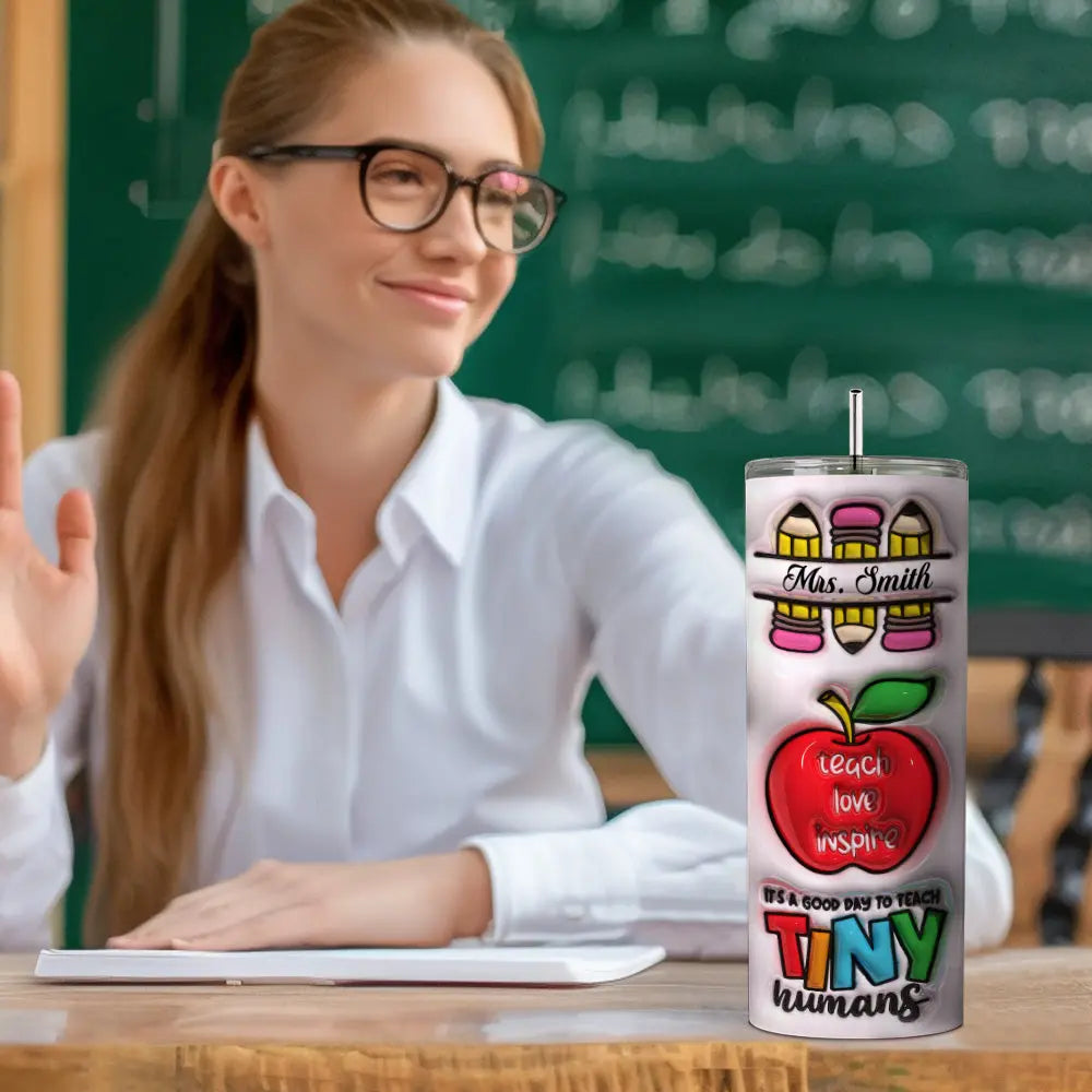 Personalized 3D Inflated Effect Apple Pencil Rainbow Design 20oz Skinny Tumbler Lid and Straw Back to
