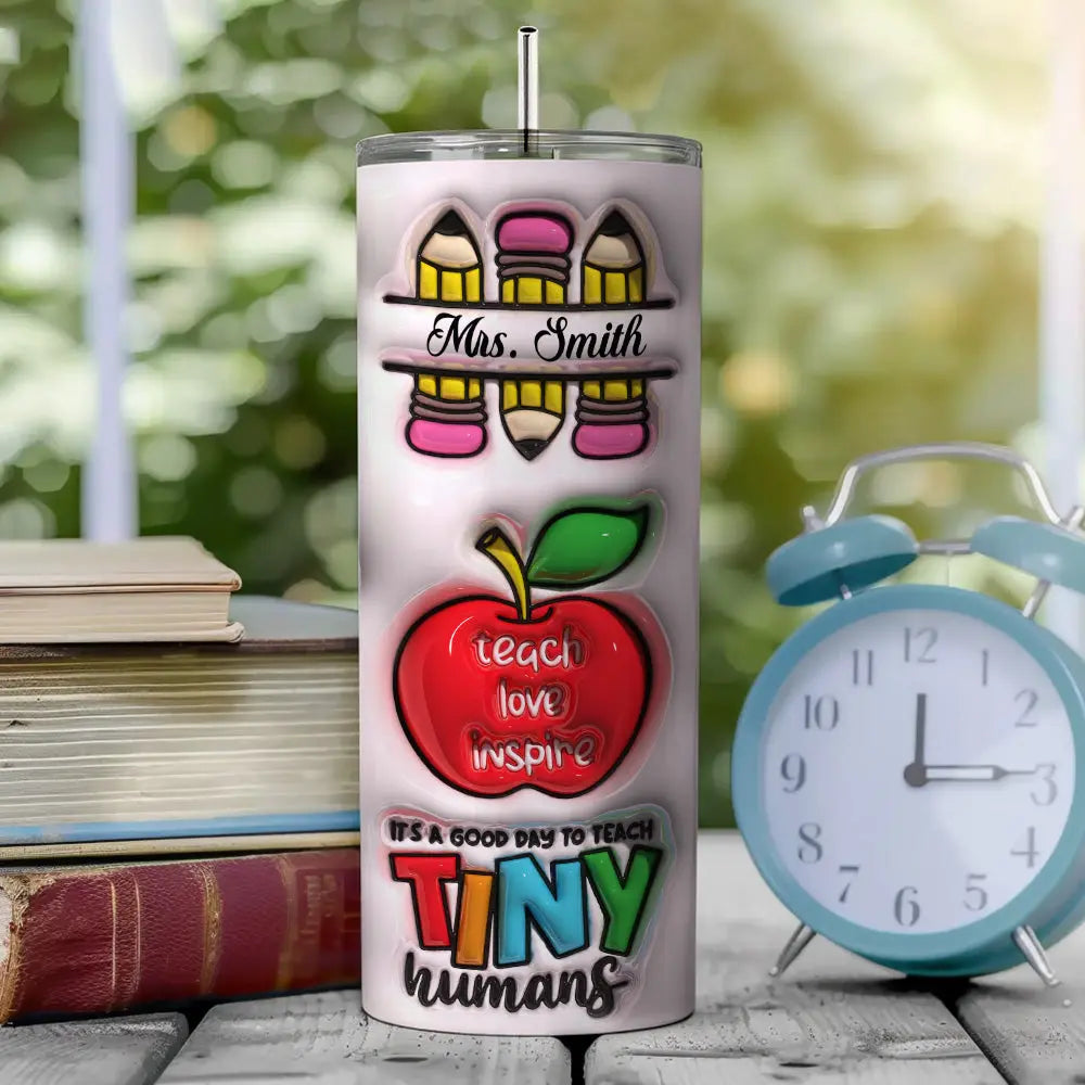 Personalized 3D Inflated Effect Apple Pencil Rainbow Design 20oz Skinny Tumbler Lid and Straw Back to