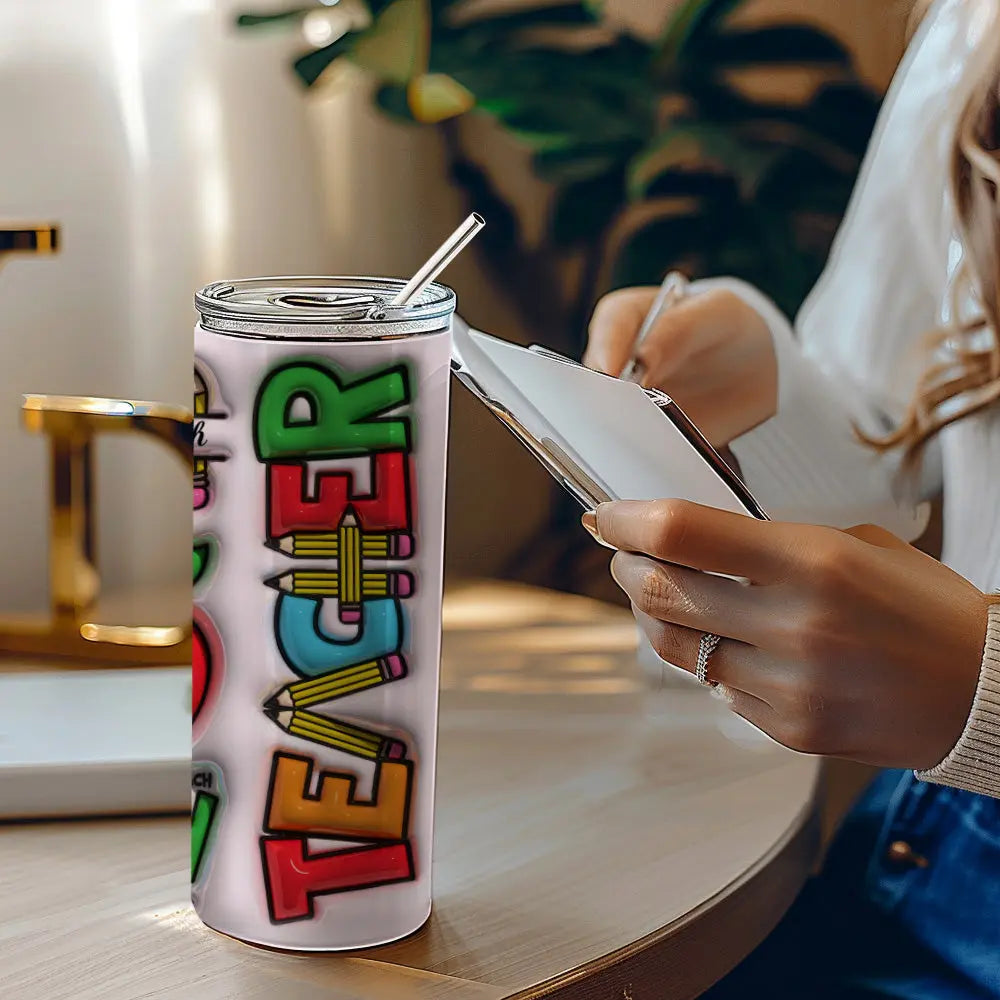 Personalized 3D Inflated Effect Apple Pencil Rainbow Design 20oz Skinny Tumbler Lid and Straw Back to