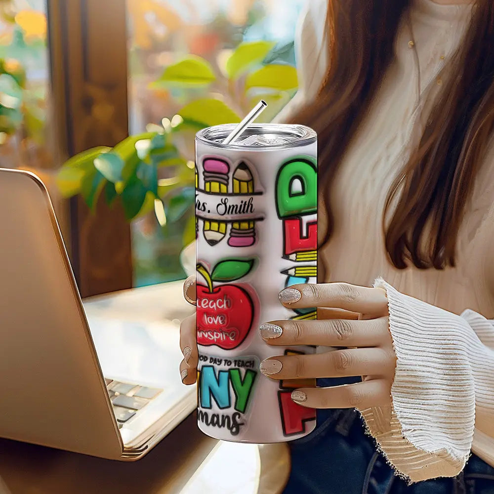 Personalized 3D Inflated Effect Apple Pencil Rainbow Design 20oz Skinny Tumbler Lid and Straw Back to