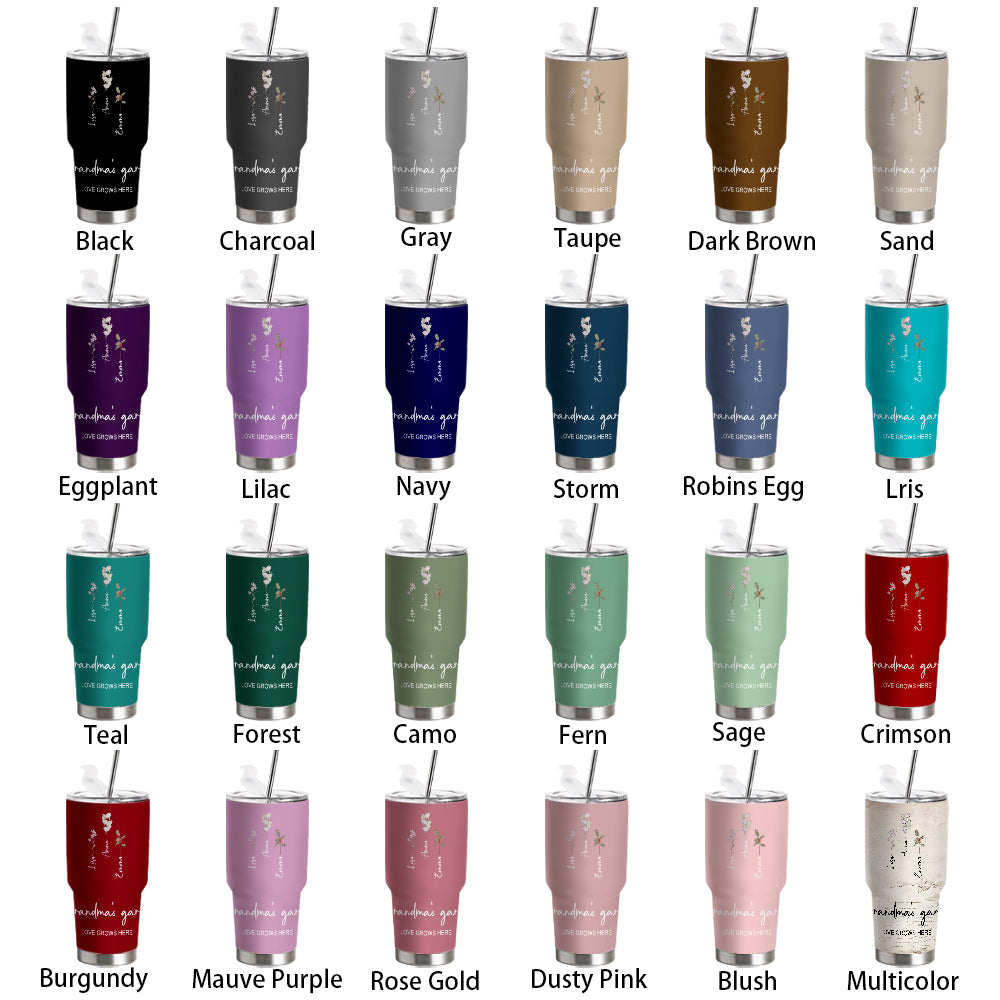 Custom 30oz Insulated Tumbler with Watercolor Birth Flower Name Text – Perfect Birthday Gift for Mom