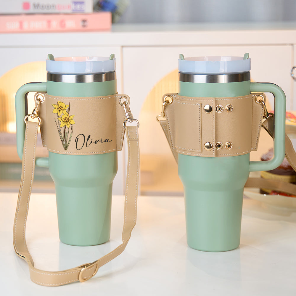 Personalized Birth Flower Water Bottle Carrier Bag for 40oz Stanley Tumbler with Adjustable Strap Gift