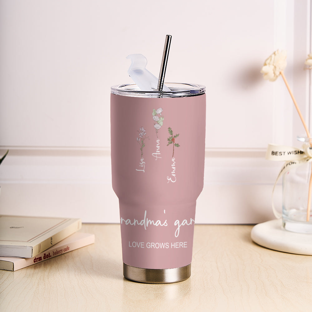 Custom 30oz Insulated Tumbler with Watercolor Birth Flower Name Text – Perfect Birthday Gift for Mom