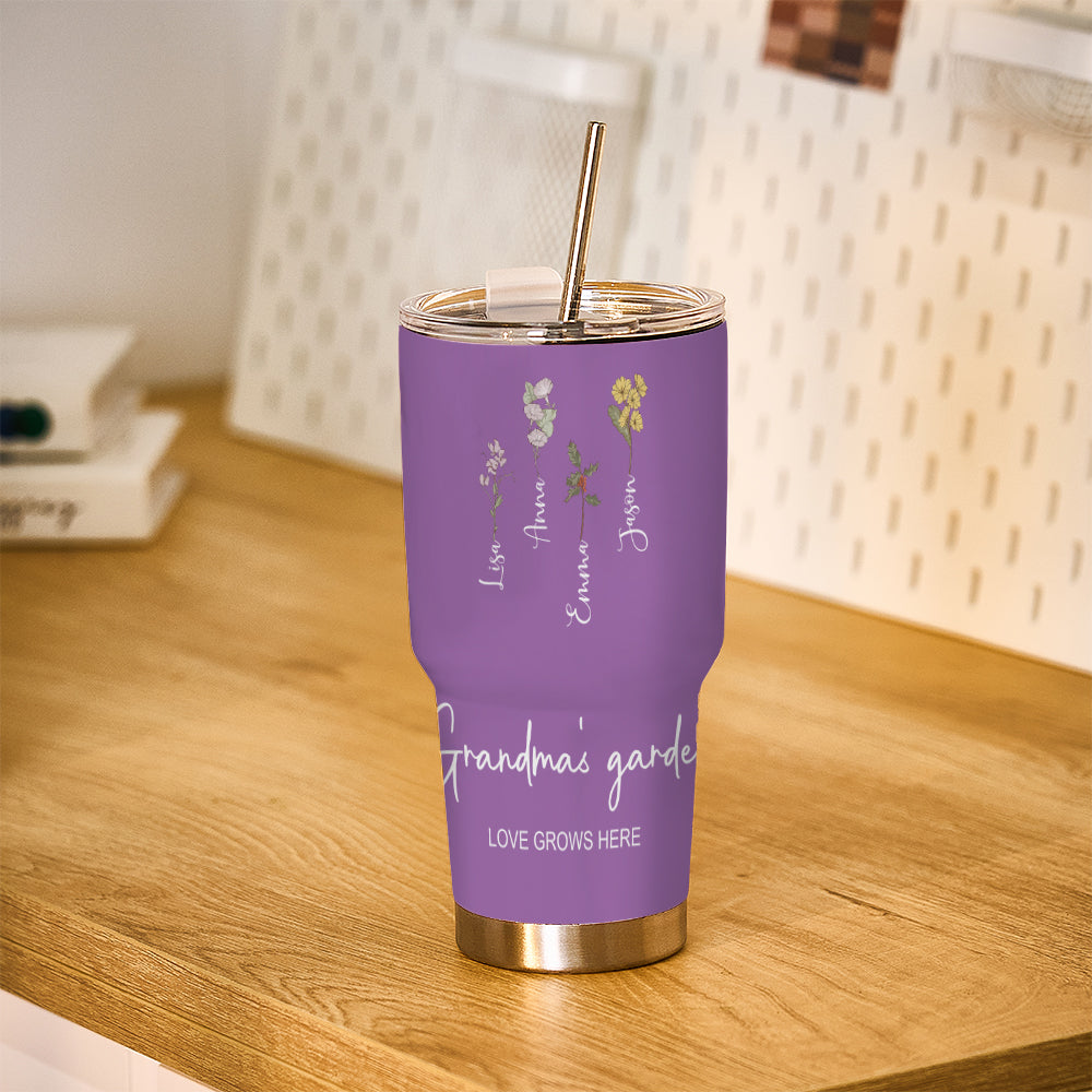 Custom 30oz Insulated Tumbler with Watercolor Birth Flower Name Text – Perfect Birthday Gift for Mom