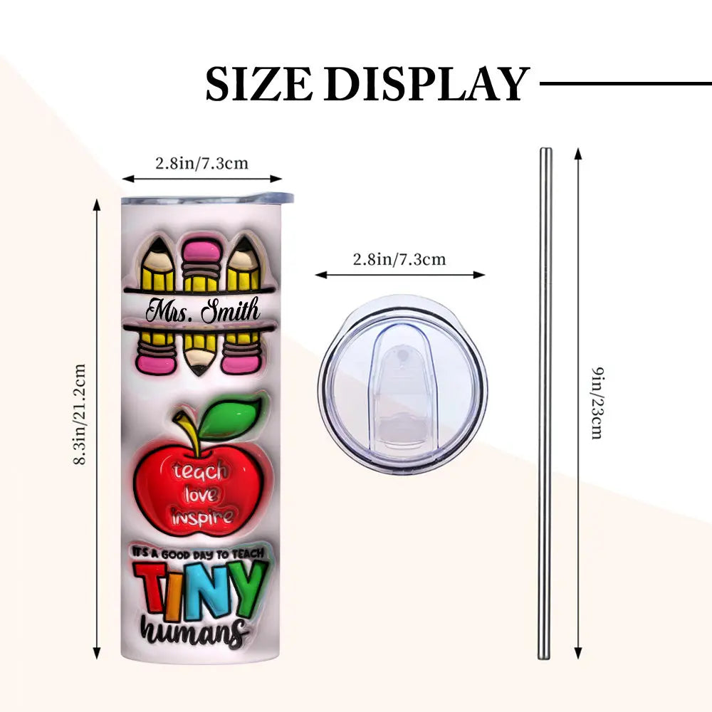 Personalized 3D Inflated Effect Apple Pencil Rainbow Design 20oz Skinny Tumbler Lid and Straw Back to