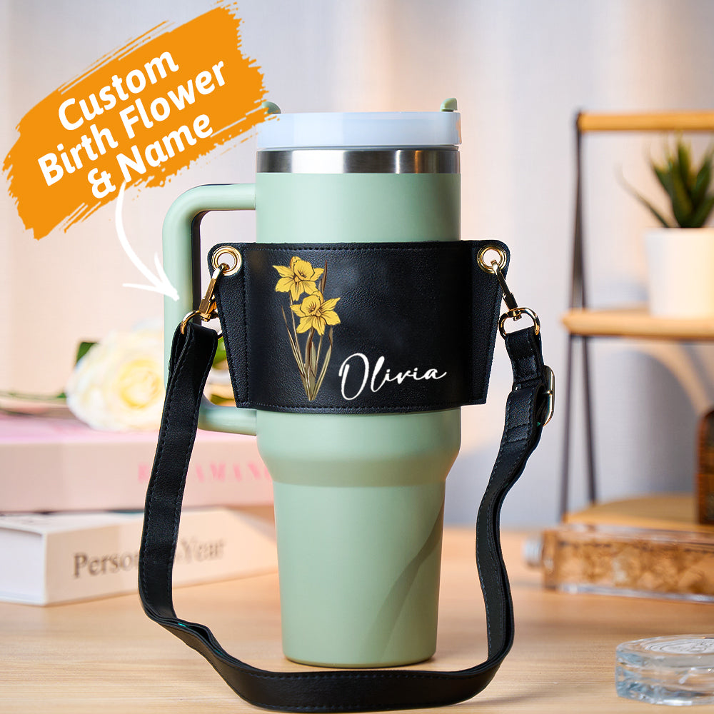 Personalized Birth Flower Water Bottle Carrier Bag for 40oz Stanley Tumbler with Adjustable Strap Gift