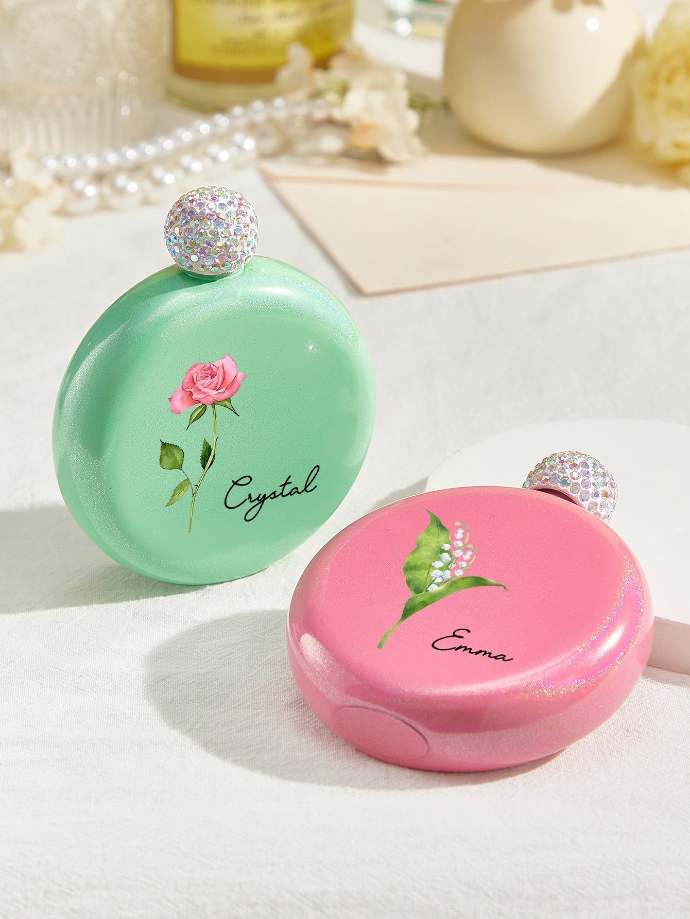 Personalized Birth Flower Round Flasks with Name 5oz Glitter Flask Birthday Bridesmaid Party Gift for