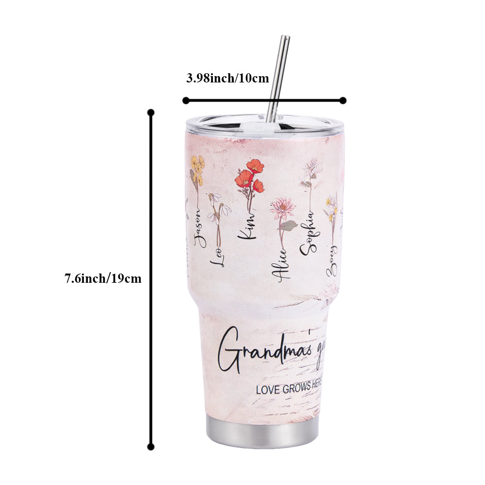 Custom 30oz Insulated Tumbler with Watercolor Birth Flower Name Text – Perfect Birthday Gift for Mom