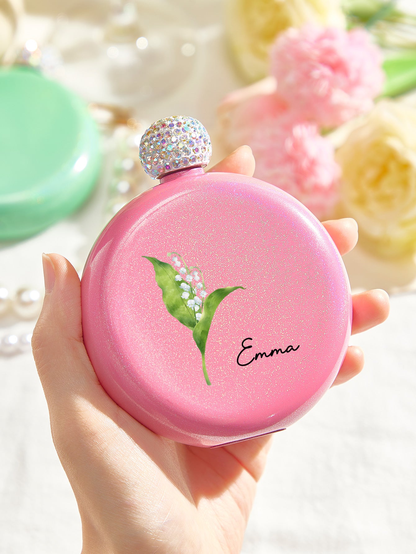 Personalized Birth Flower Round Flasks with Name 5oz Glitter Flask Birthday Bridesmaid Party Gift for