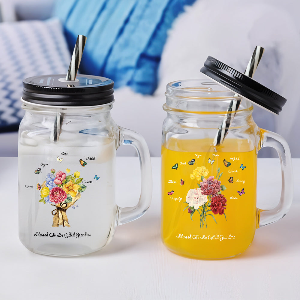 Personalized Birth Butterfly Bouquet Mason Jar with Handle Lid and Straw Birthday Gift for Mom Grandma