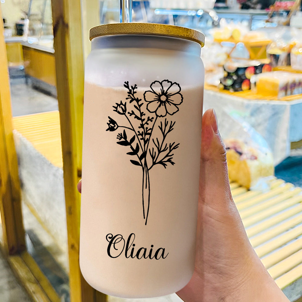 Personalized Name Frosted Can Glass with Birth Flower Custom Can Glass with Straw Gift for Mother Friends