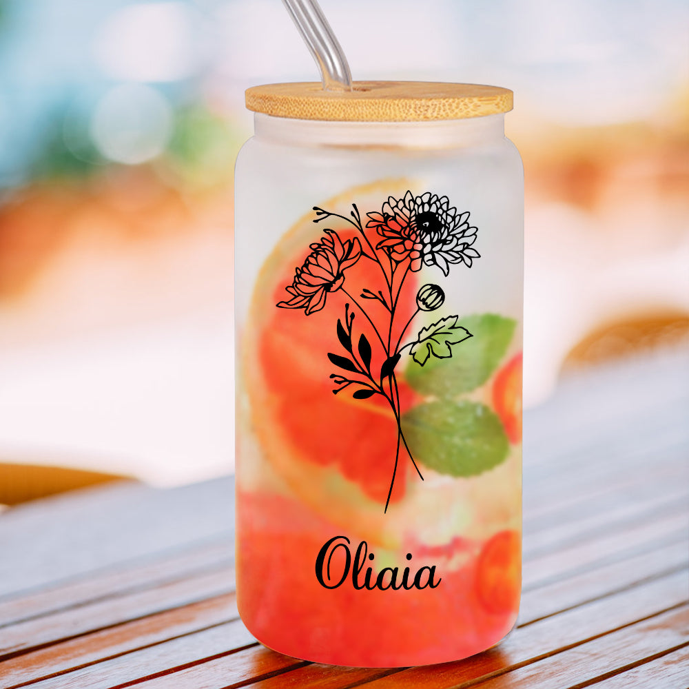 Personalized Name Frosted Can Glass with Birth Flower Custom Can Glass with Straw Gift for Mother Friends
