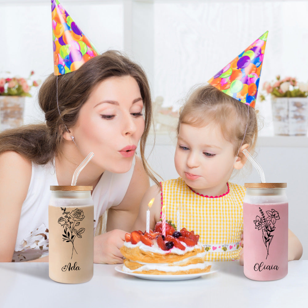 Personalized Name Frosted Can Glass with Birth Flower Custom Can Glass with Straw Gift for Mother Friends