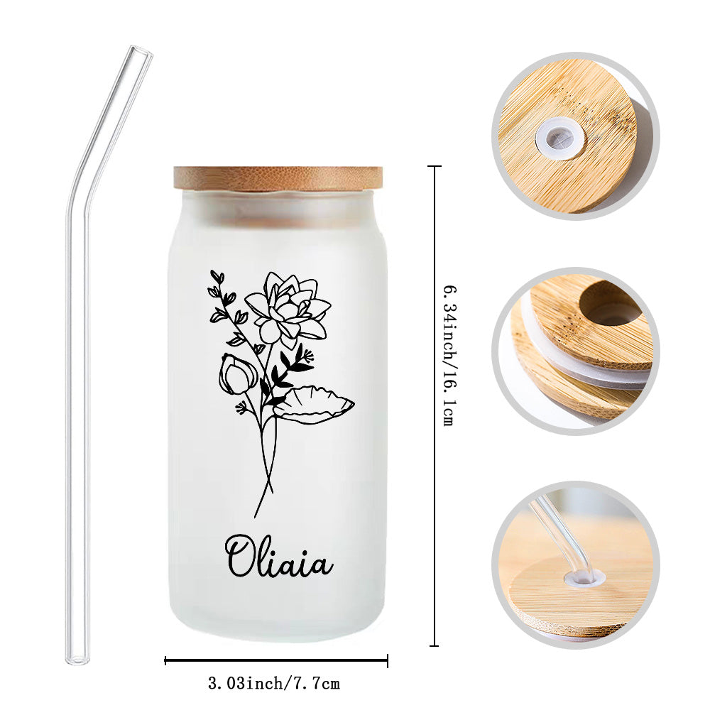 Personalized Name Frosted Can Glass with Birth Flower Custom Can Glass with Straw Gift for Mother Friends