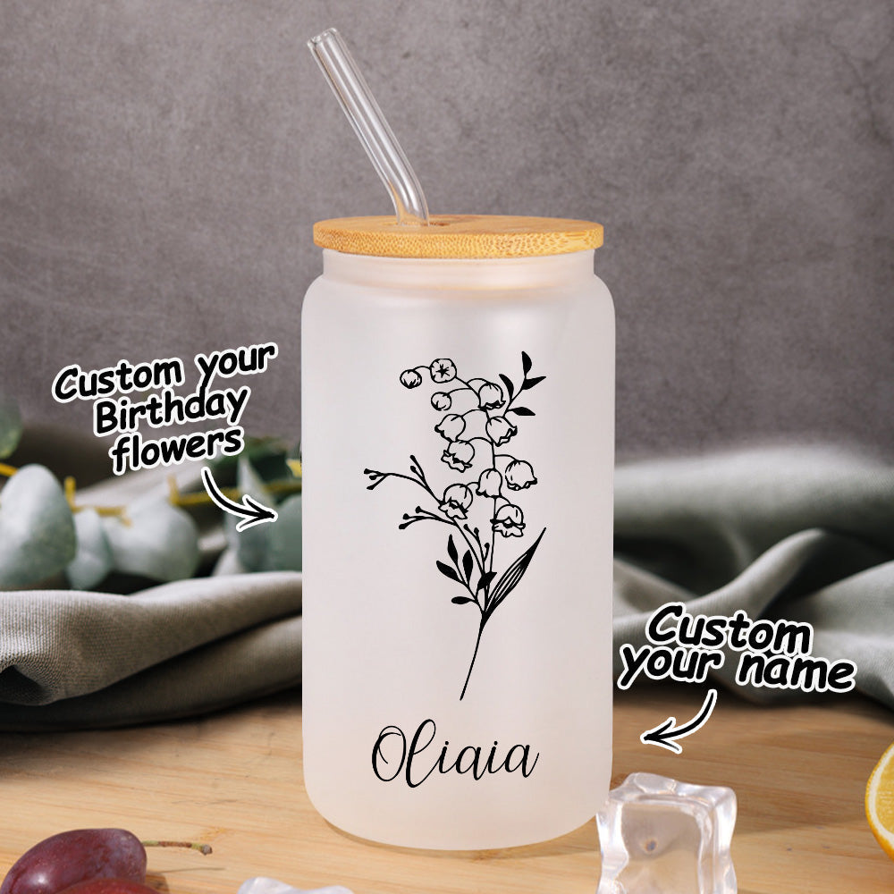 Personalized Name Frosted Can Glass with Birth Flower Custom Can Glass with Straw Gift for Mother Friends