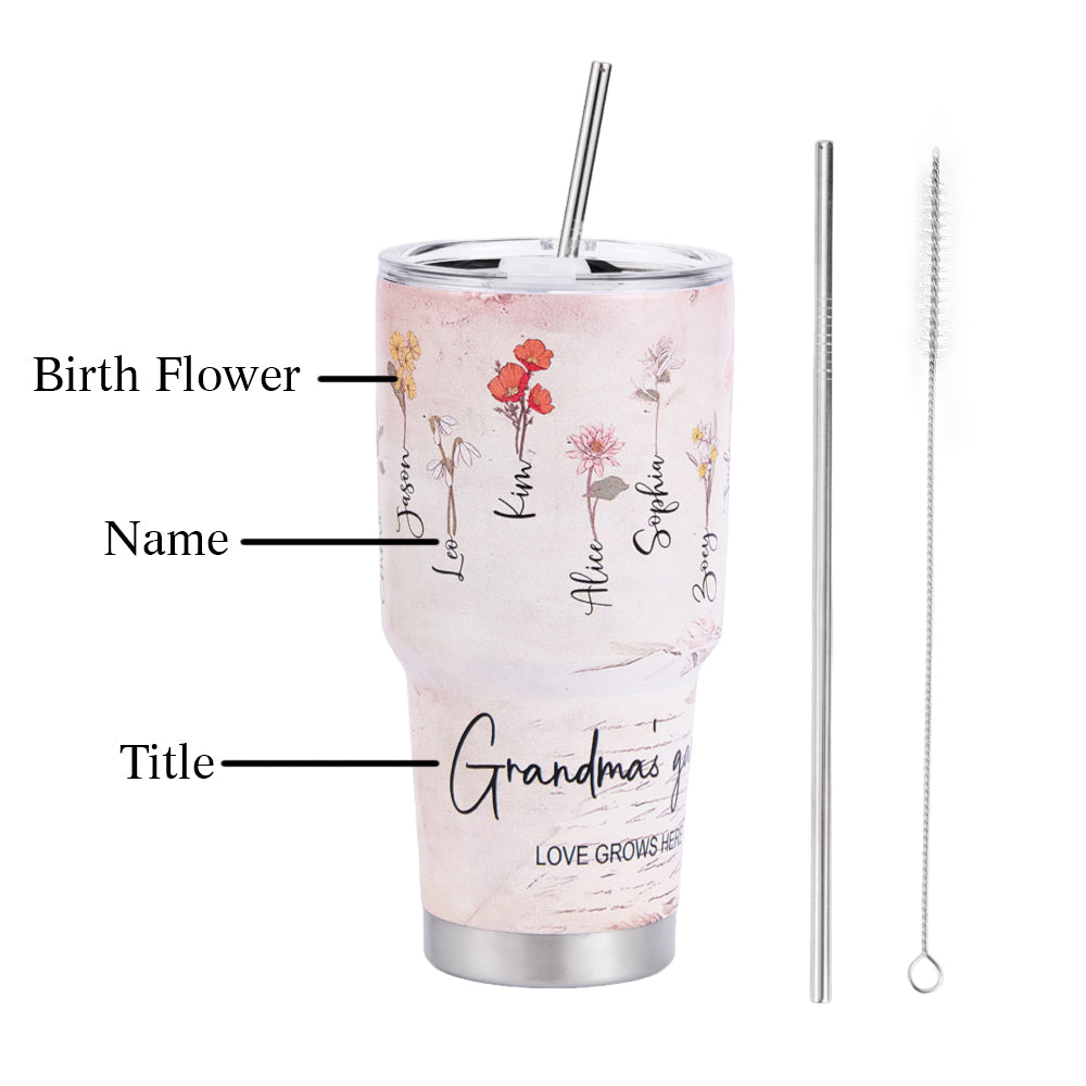Custom 30oz Insulated Tumbler with Watercolor Birth Flower Name Text – Perfect Birthday Gift for Mom