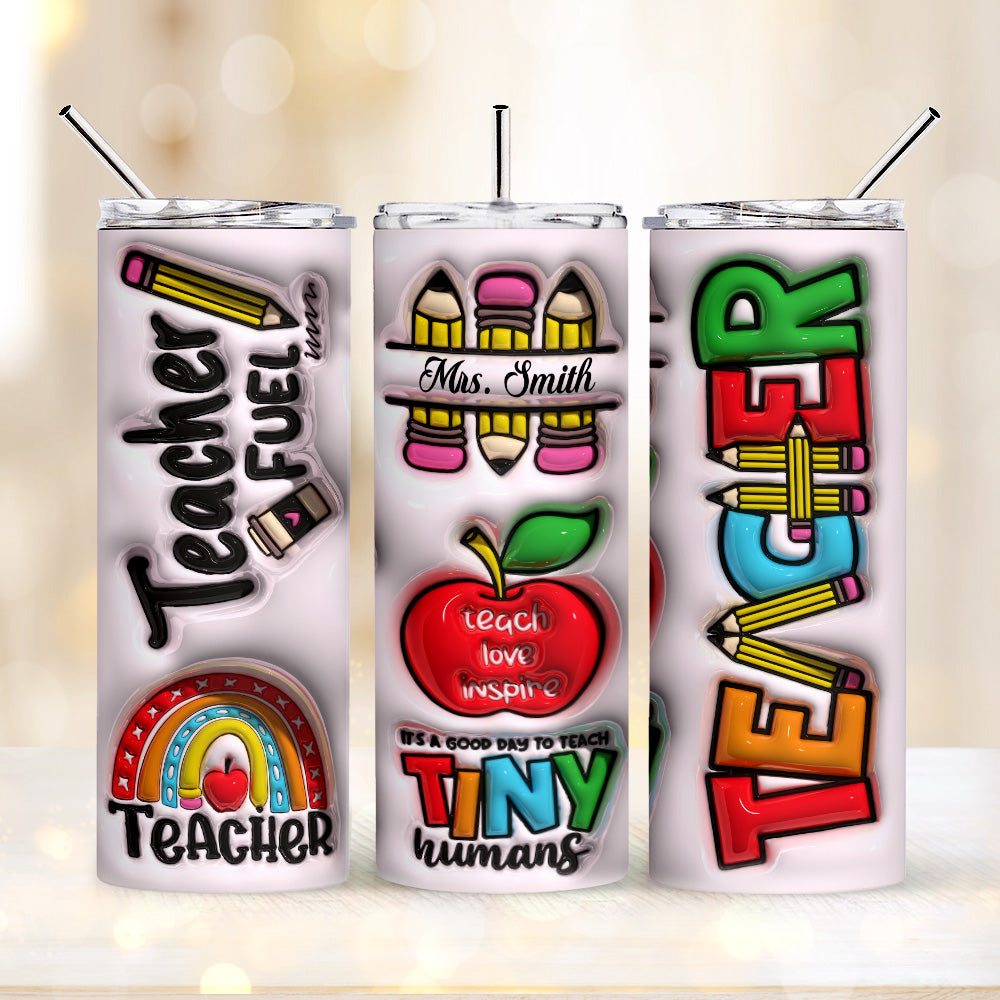 Personalized 3D Inflated Effect Apple Pencil Rainbow Design 20oz Skinny Tumbler Lid and Straw Back to