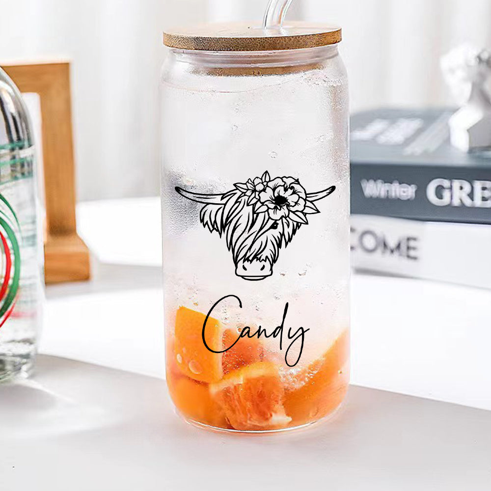 Personalized Highland Cow Tumbler with Name Clear Can Glass Gift for Highland Cow Lovers