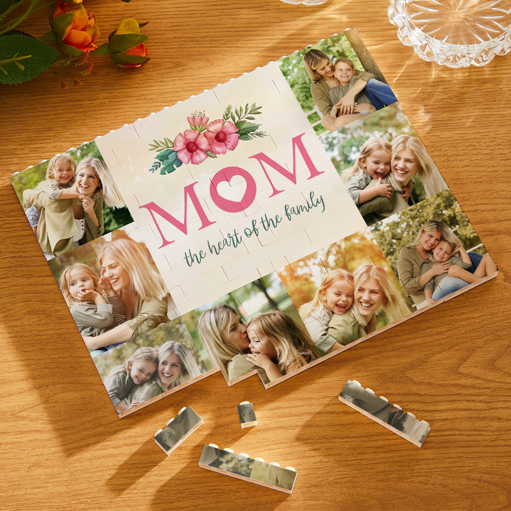 Custom Building Block Puzzle Horizontal Trio Photo Brick for Mom the Heart of the Family Mother's Day