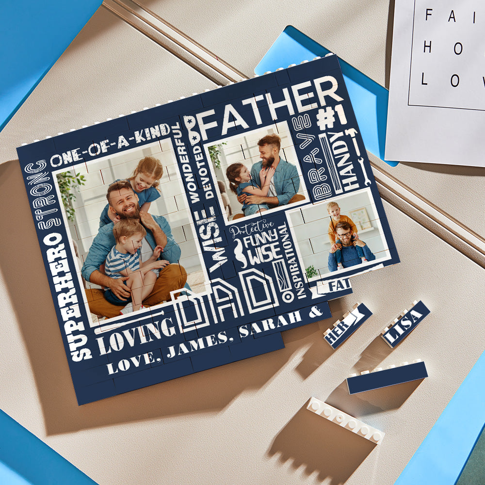 Custom Building Block Puzzle Horizontal Trio Photo Brick for Dad Happy Father's Day