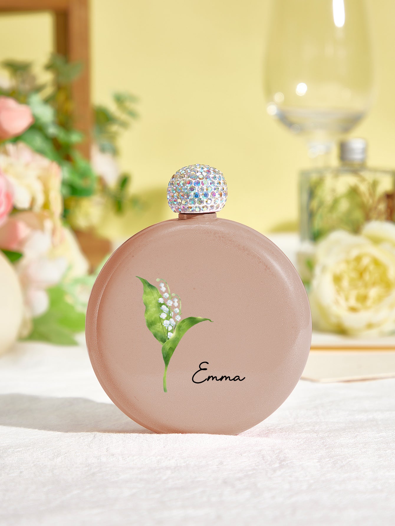 Personalized Birth Flower Round Flasks with Name 5oz Glitter Flask Birthday Bridesmaid Party Gift for
