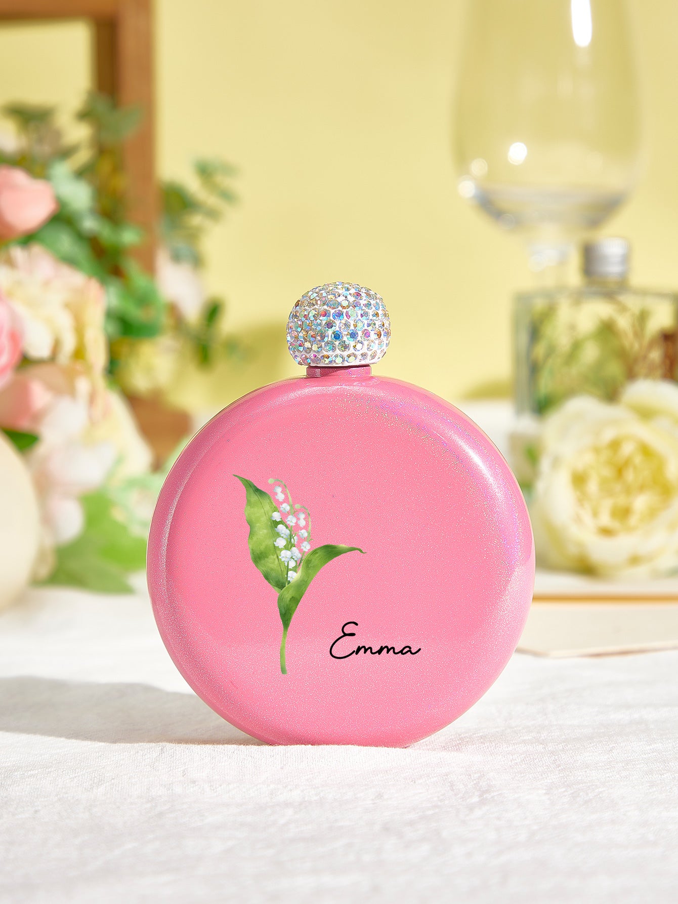 Personalized Birth Flower Round Flasks with Name 5oz Glitter Flask Birthday Bridesmaid Party Gift for