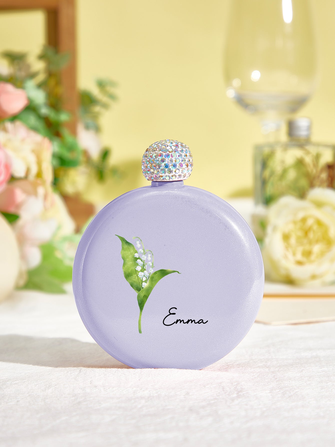 Personalized Birth Flower Round Flasks with Name 5oz Glitter Flask Birthday Bridesmaid Party Gift for