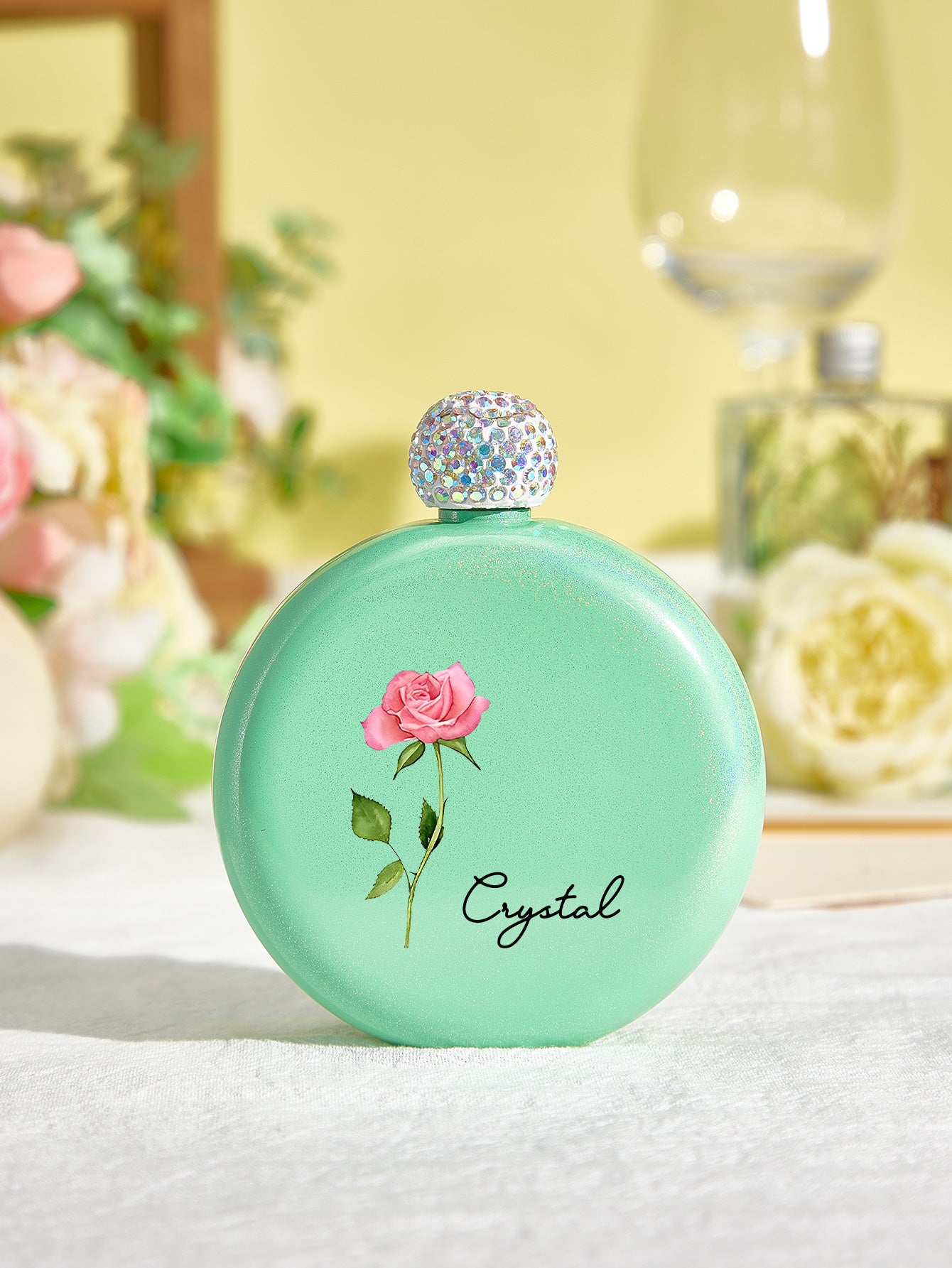 Personalized Birth Flower Round Flasks with Name 5oz Glitter Flask Birthday Bridesmaid Party Gift for