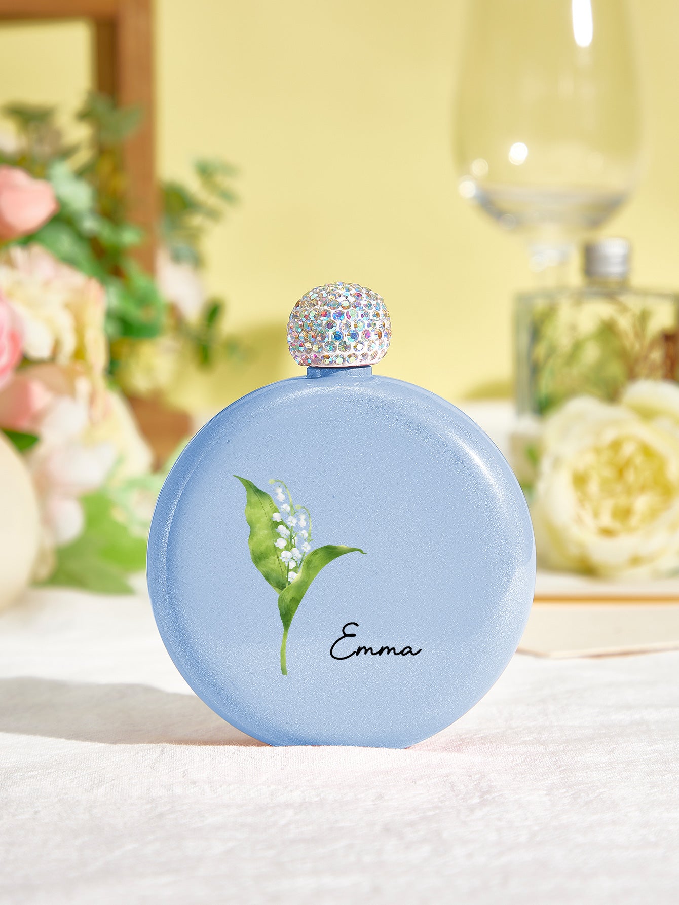 Personalized Birth Flower Round Flasks with Name 5oz Glitter Flask Birthday Bridesmaid Party Gift for