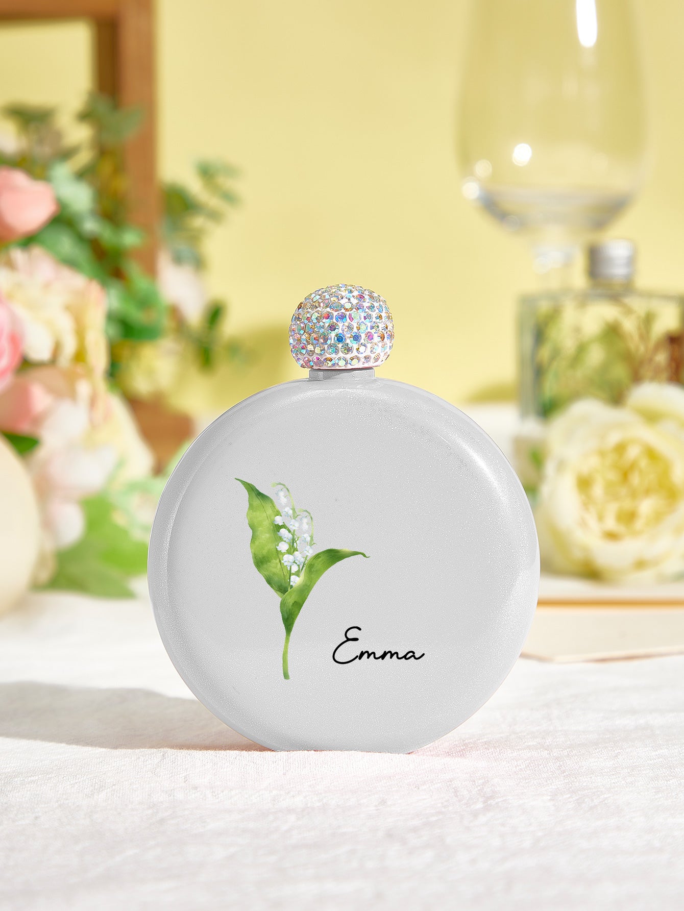 Personalized Birth Flower Round Flasks with Name 5oz Glitter Flask Birthday Bridesmaid Party Gift for