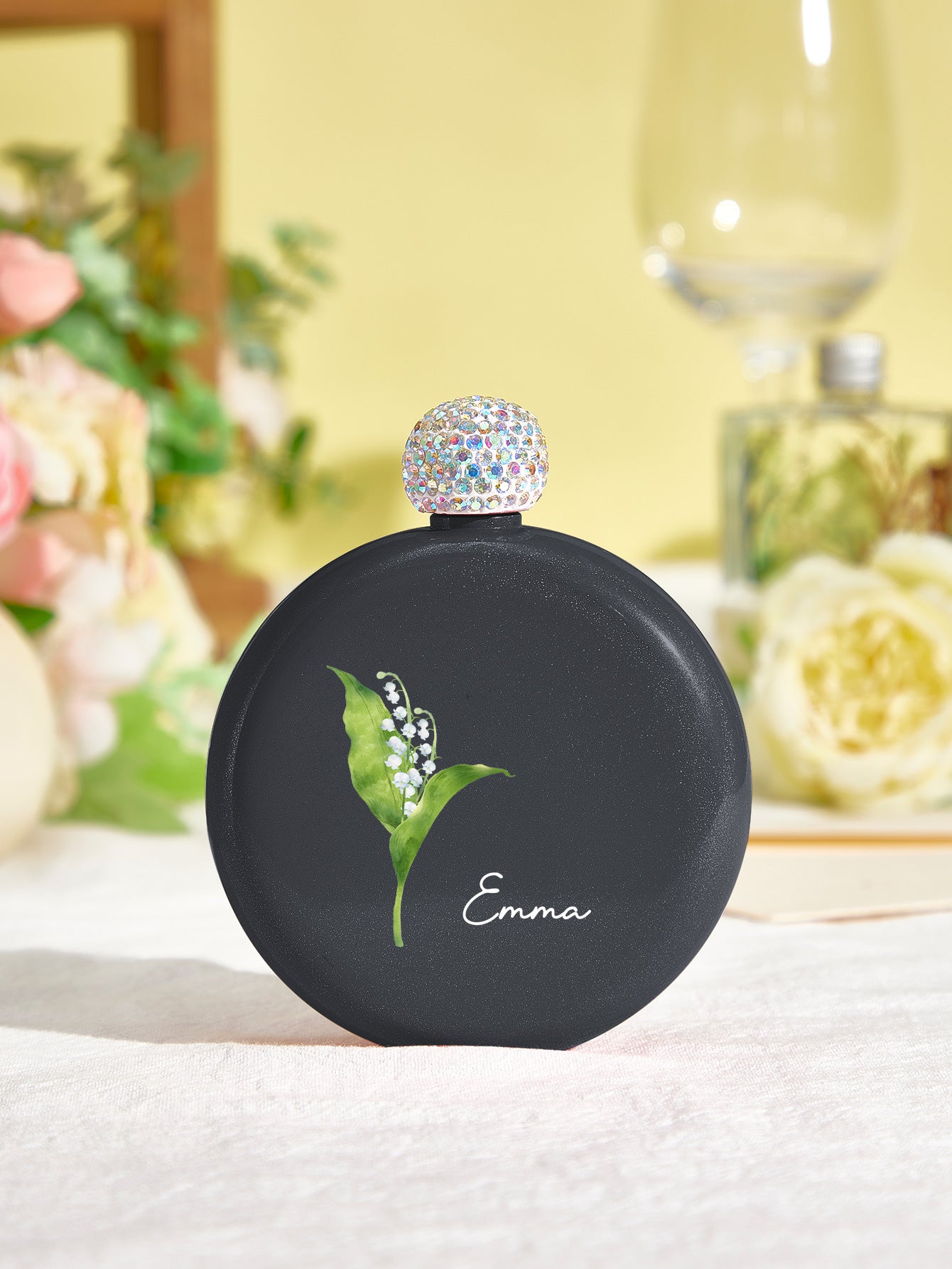 Personalized Birth Flower Round Flasks with Name 5oz Glitter Flask Birthday Bridesmaid Party Gift for