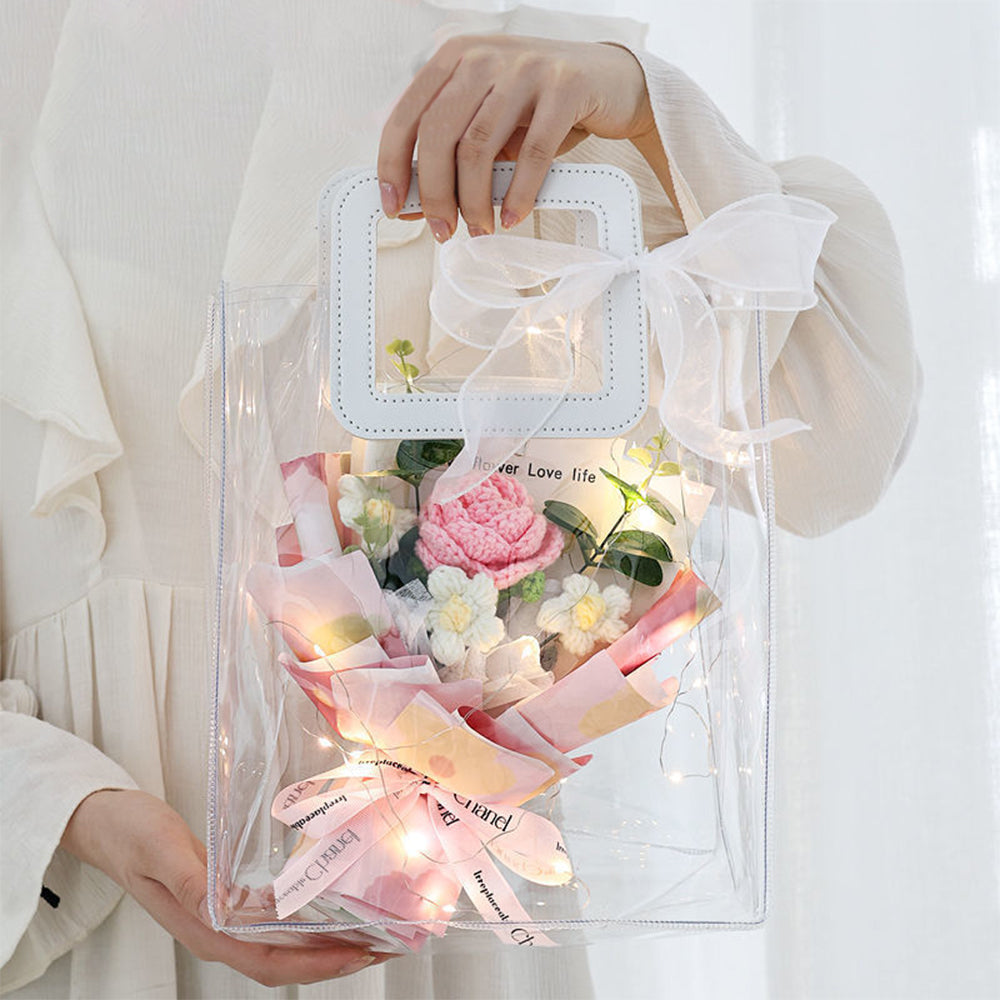 Crochet Flowers Bouquet Handmade Knitted Bouquet with Light Strip Gift for Teacher Mother Lover Wedding