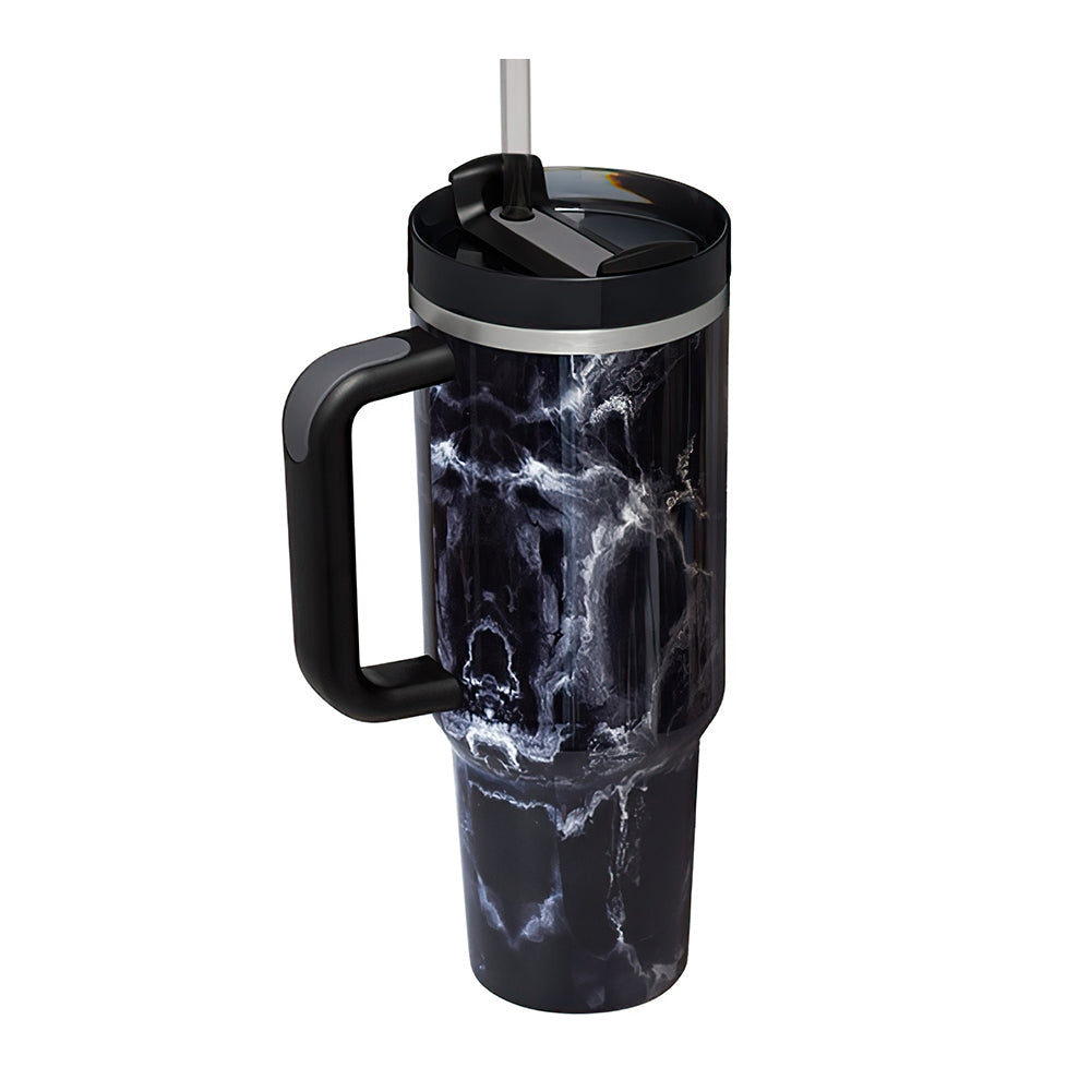 40oz Insulated Mug with Handle and Straw Marble Pattern Stainless Steel Travel Cup Gift for Family Friends