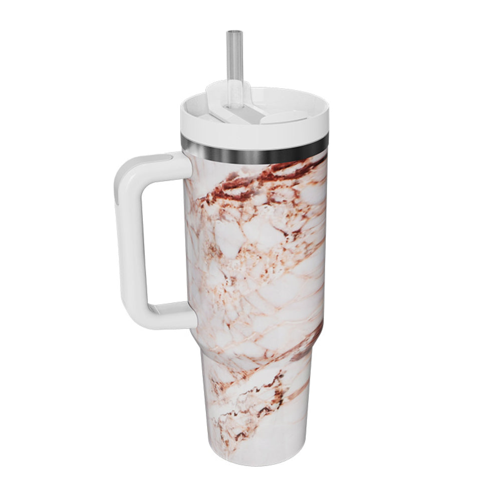 40oz Insulated Mug with Handle and Straw Marble Pattern Stainless Steel Travel Cup Gift for Family Friends