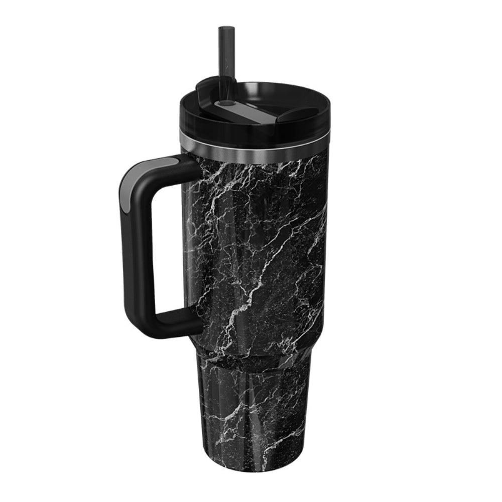 40oz Insulated Mug with Handle and Straw Marble Pattern Stainless Steel Travel Cup Gift for Family Friends