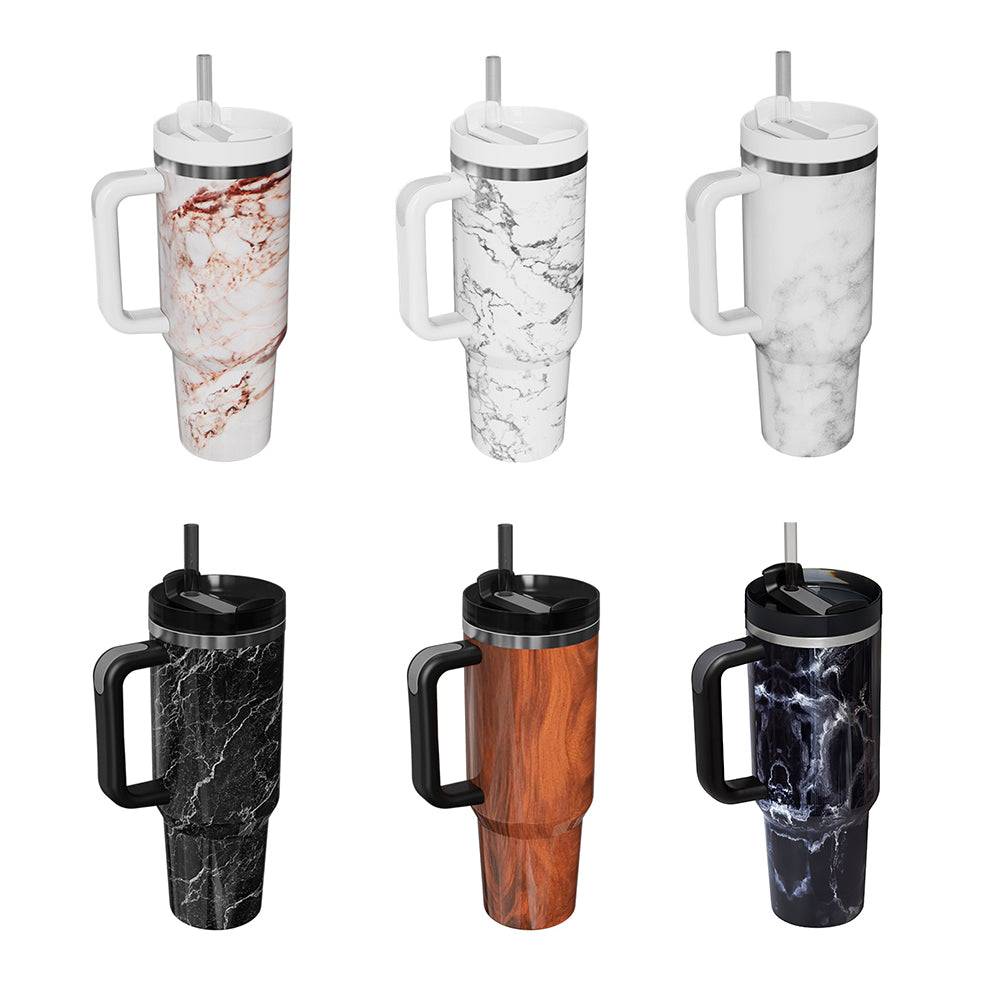 40oz Insulated Mug with Handle and Straw Marble Pattern Stainless Steel Travel Cup Gift for Family Friends