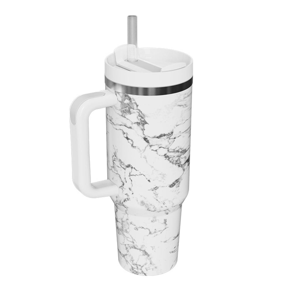 40oz Insulated Mug with Handle and Straw Marble Pattern Stainless Steel Travel Cup Gift for Family Friends