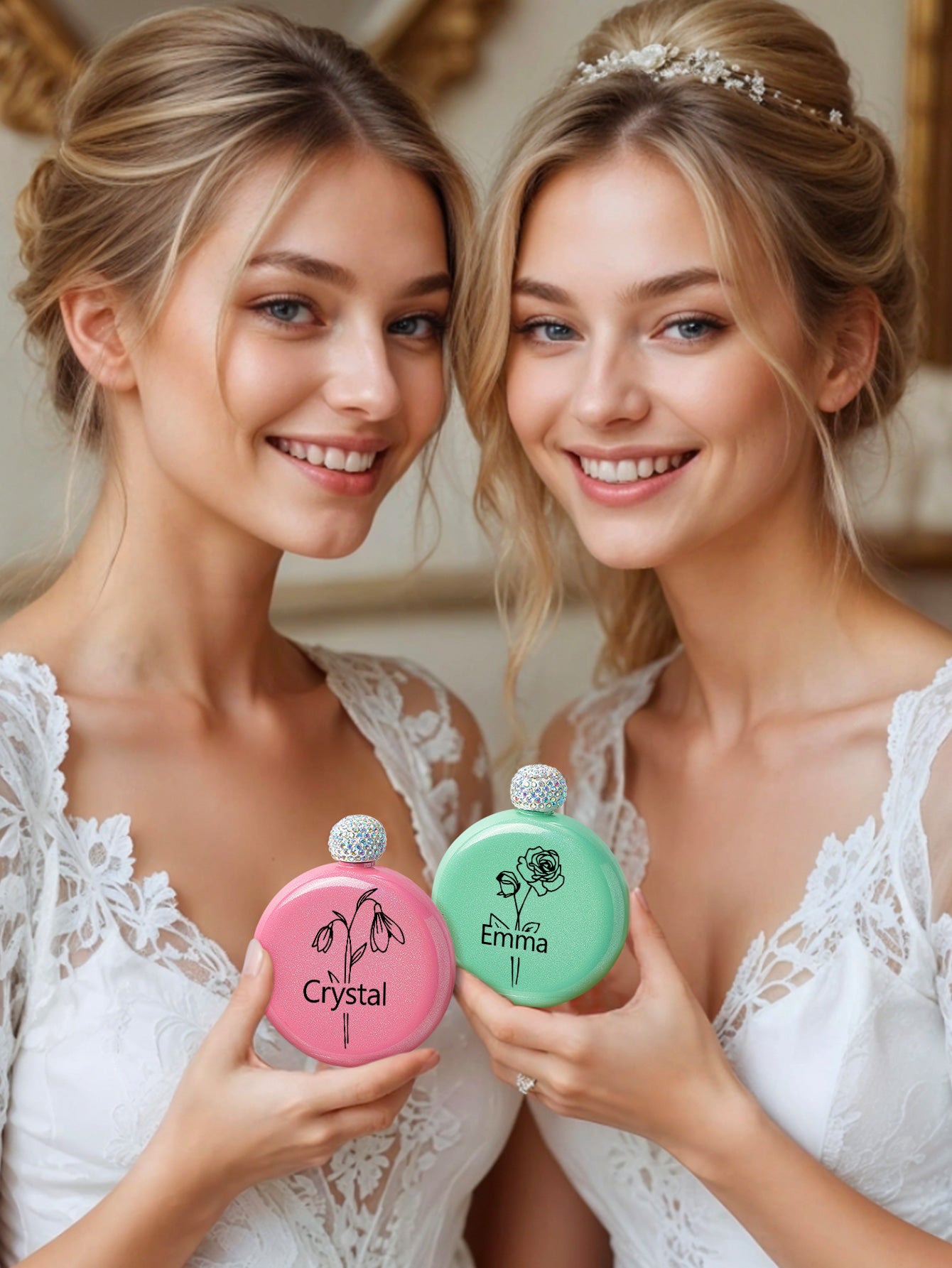 Personalized Birth Flower Round Flasks with Name 5oz Glitter Flask Wedding Birthday Gift for Her