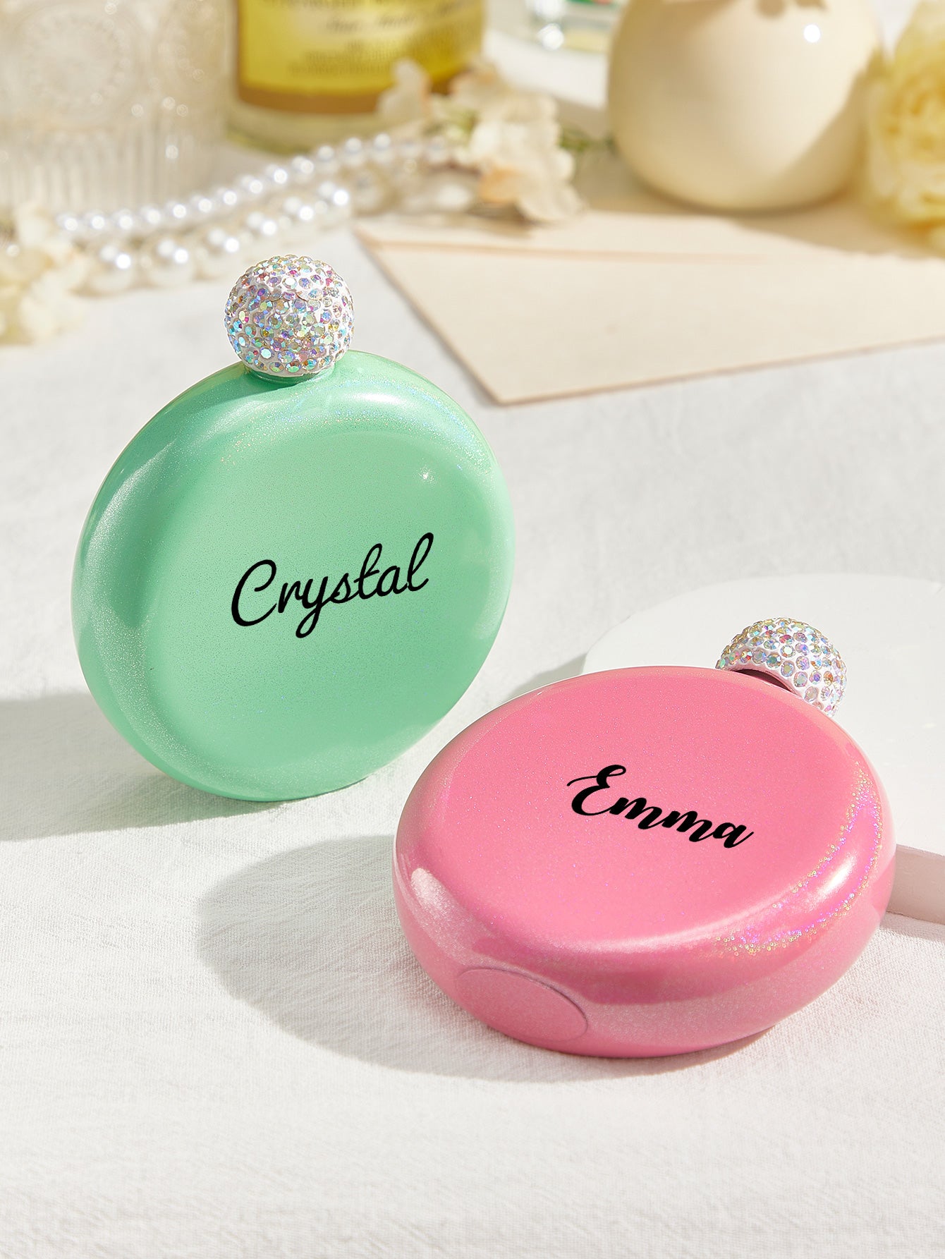 Personalized Round Flasks with Name 5oz Glitter Flask Birthday Gift for Her