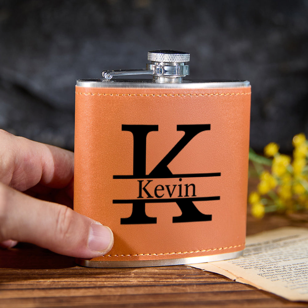 Personalized Leather Flask Stainless Steel 6oz Whiskey Flask Gift for Men