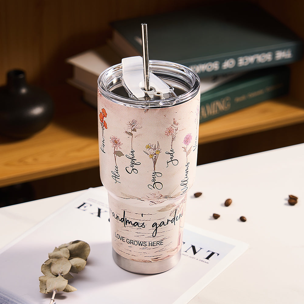 Custom 30oz Insulated Tumbler with Watercolor Birth Flower Name Text – Perfect Birthday Gift for Mom
