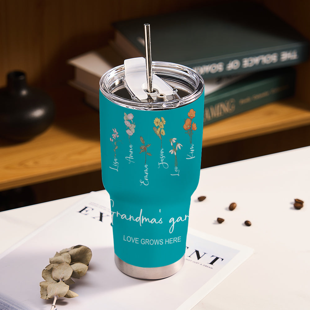 Custom 30oz Insulated Tumbler with Watercolor Birth Flower Name Text – Perfect Birthday Gift for Mom