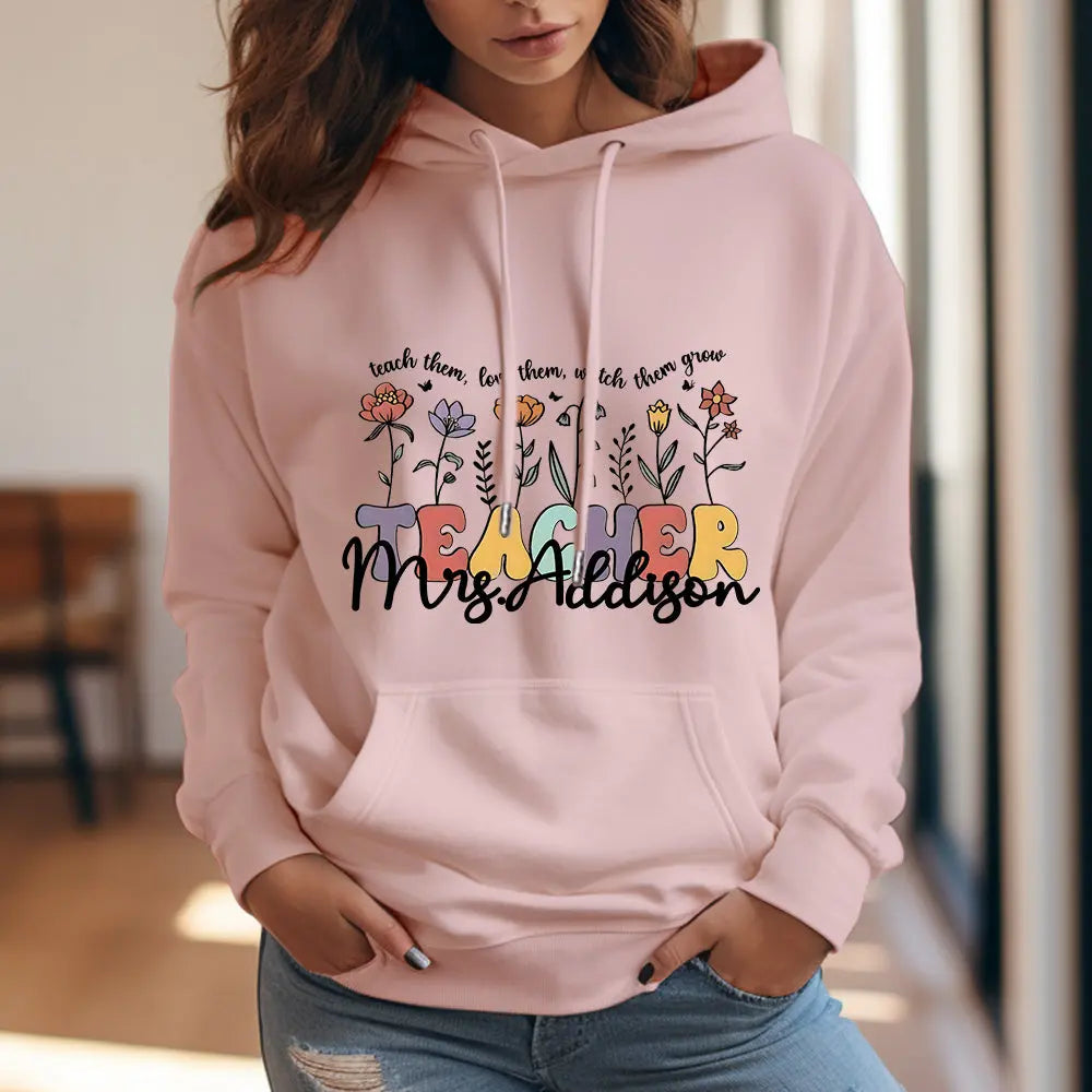 Personalized Wildflower Hooded Sweatshirt Teacher Custom Name Hooded Sweatshirt Back to School Gifts