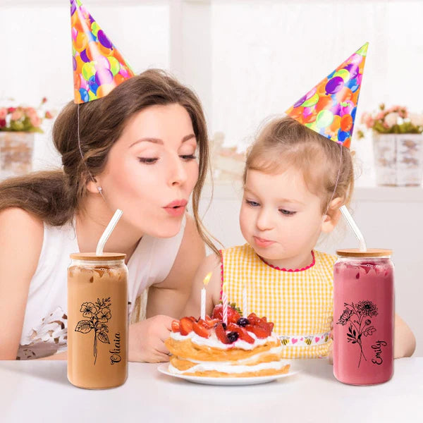 Personalized Name Glass Can with Birth Flower Custom Can Glass with Straw Gift for Mother Friends Family