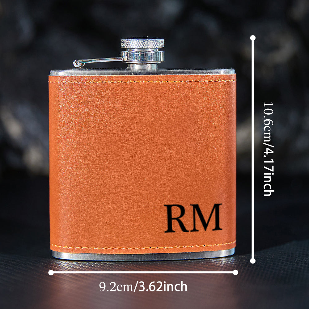 Personalized Men PU Leather Flask Stainless Steel 6oz Whiskey Flask Gift for Him