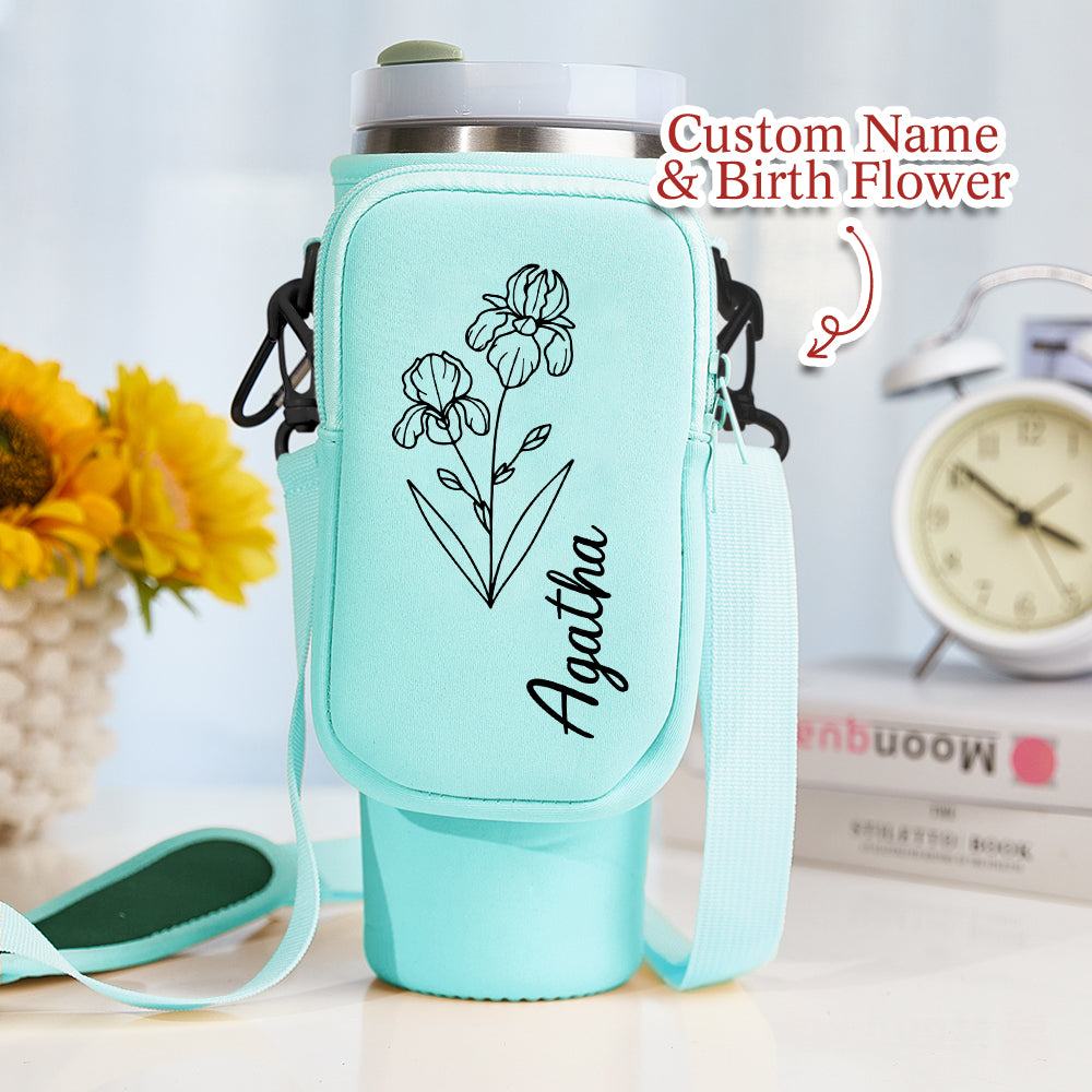 Personalized Birth Flower Waterproof Bottle Carrier Bag for 40oz Stanley Tumbler Gift for Her