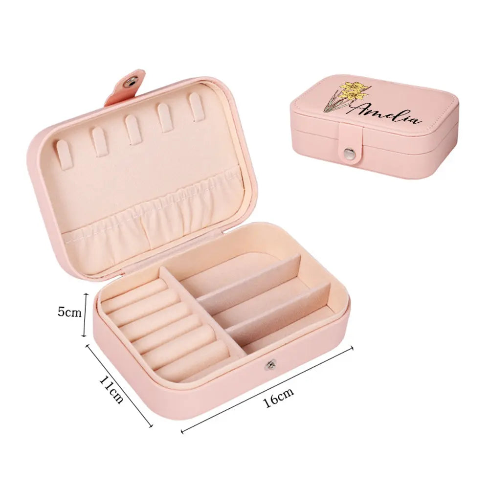 Personalized Birth Flower Leather Travel Jewelry Box with Name Waterproof Multiple Compartments Birthday